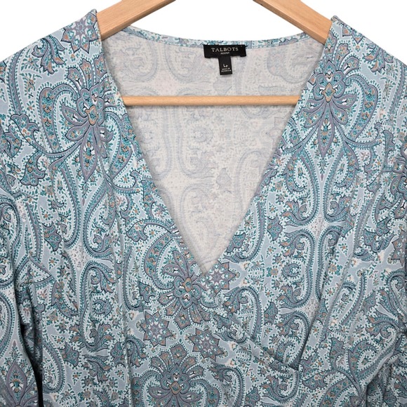 Talbots Top Womens LP Petite Large Blue Paisley Print Surplice Neck 3/4 Sleeve - Picture 4 of 7